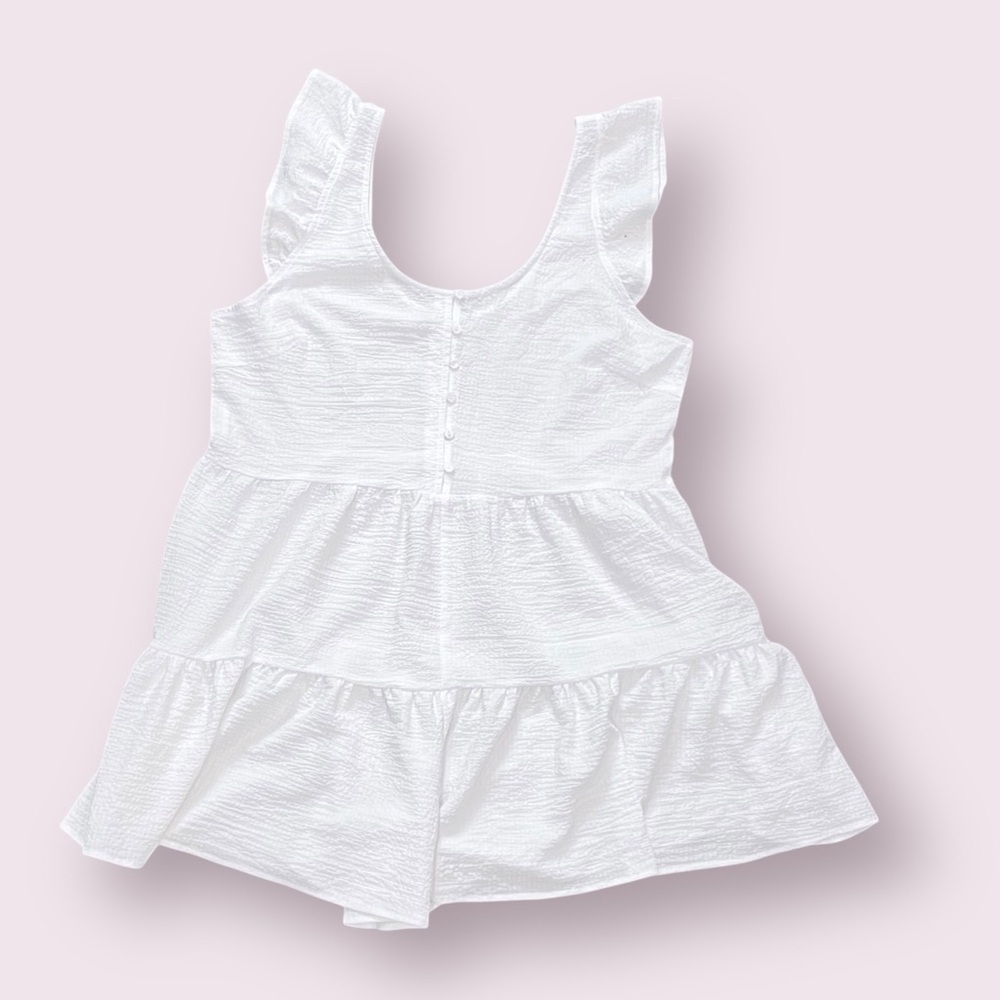 White Sleeveless Mini Romper 0X Plus size Tiered Ruffle Lightweight Airy Sheer